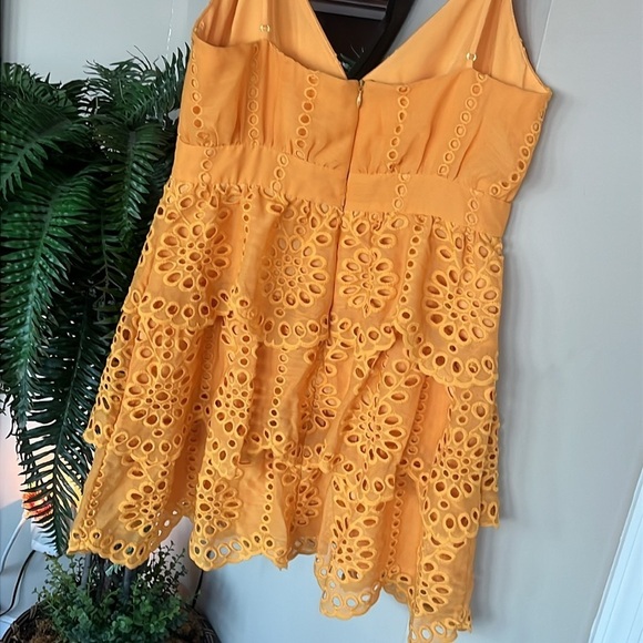 NWOT Lovers + Friends Doreen Mini Dress Mustard Embroidered Eyelet Fully Lined - Picture 11 of 15